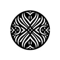 A symmetrical, minimalist black and white in a circular composition, featuring stylized floral and linear patterns, radiating outward from a central point. vector