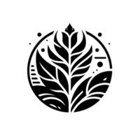 Minimalist Black and White Emblem of a Plant with Curved Leaves, Enclosed in a Circle and dotted with circles and lines, representing growth and balance. vector