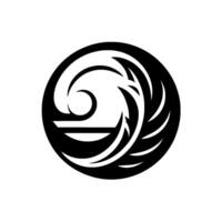 A stylized, abstract black and white within a circle featuring curved lines, forming a symmetrical pattern reminiscent of a wave or a celestial body. vector
