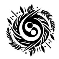 Elegant Black and White Abstract Featuring Spiraling Geometric Shapes, Embellished with Leafy Accents and Dots. vector