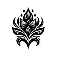 Intricate black and white floral , symmetrical composition with stylized petals, teardrop details, and a minimalist aesthetic on a white backdrop. vector