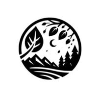 A minimalist black and white circular featuring a crescent moon, leaves, mountain range, and evergreen trees. vector