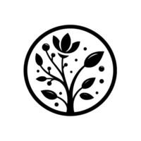 A stylized, black and white botanical illustration featuring a central treelike structure with a flower, leaves, and berries, enclosed within a circular frame. vector