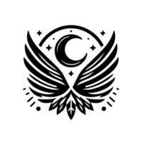 Celestial Crest A minimalist black and white featuring a crescent moon, wings, stars, and an intricate floral base, evoking a sense of mystical elegance. vector