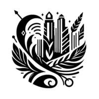Black and white stylized of a city with tall buildings, moon, stars, leaves, and abstract shapes. vector