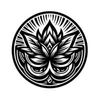 Intricate Black and White Floral Mandala, featuring symmetrical with radial lines and stylized lotus petal details enclosed within a perfect circle. vector