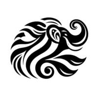 Tribalstyle elephant head, rendered in a grayscale, curvilinear with flowing lines, curls, and stylized leaves against a white background. vector