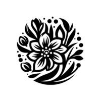 A stylized, symmetrical floral in black and white, showcasing a central flower surrounded by leaves, buds, and decorative dots, arranged in a circular composition on a clean white background. vector