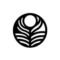 A symmetrical black and white , resembling a stylized sun or flower within a circular frame, featuring layered organic shapes and a clean, minimalist aesthetic. vector