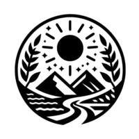 Monochrome circular emblem showcasing a stylized landscape mountains, flowing river, shining sun with rays, stars, and leafy branches. vector