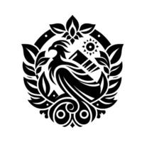Intricate Black and White Emblem Depicting a Phoenix, Sun, and Mountain Within a Laurel Wreath and Floral Ornaments. vector
