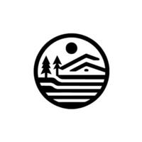 Minimalist black and white circular emblem showcasing a cabin nestled among trees, with a sun and stylized landscape elements. vector