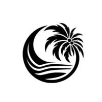 A minimalist, black and white featuring a stylized palm tree and waves encapsulated within a circular crescent shape, representing a tropical paradise. vector