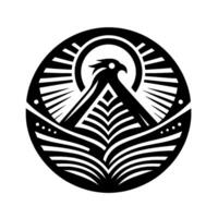 A stylized emblem featuring a falcon within a circle, sun rays, and geometric shapes, radiating strength and wisdom, in black and white. vector