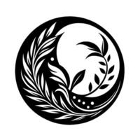 YinYang inspired emblem Black and white circular featuring stylized foliage and a crescent moon, creating a balanced, organic pattern. vector