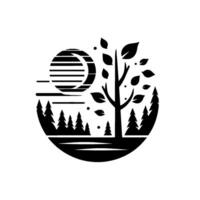 Black and white circular minimalist nature scene with a stylized tree, trees, and sun with a crescent moon. vector