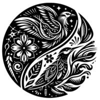 A Yin Yang Composition Featuring Black and White, Stylized Birds, Flora, and Stars in a Circular , Evoking Balance. vector