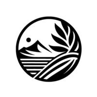 A stylized, circular emblem depicting a mountain scene with wheat, sun, and water, rendered in a stark black and white minimalist style. vector