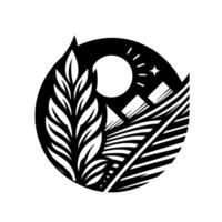 A stylized black and white emblem showcasing a leaf , sun, star, and fields, contained within a circular border, exuding natures harmony. vector