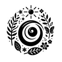 Circular Black and White Nature Composition Featuring Sun, Swirl, Butterfly, Leaves, Flowers, and Celestial Elements. vector