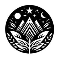 Celestial Mountain Medallion Black White with Mountains, Stars, Moon, Leaves, and Nature Elements. vector