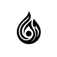 Abstract black and white of a flame or teardrop shape with stylized lines and a central circle on a white background. vector