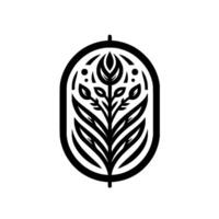 Black and white minimalist floral emblem featuring a stylized plant within an oval frame, showcasing intricate line work and a symmetrical . vector