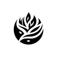 A symmetrical black and white abstract , depicting a stylized creature with leafy or flamelike elements rising from its head, set against a plain white backdrop. vector