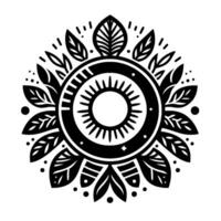 Intricate black and white circular floral mandala with stylized leaves, sunlike center, and geometric patterns, evoking a sense of balance and harmony. vector