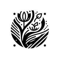 Intricate black and white floral emblem enclosed within a circle, featuring stylized leaves, flowers, and dots, exuding elegant minimalism. vector