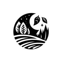 Stylized nocturnal landscape in a circular frame, featuring a crescent moon, trees, rolling hills, leaves and a starry sky, rendered in a minimalist, monochromatic . vector