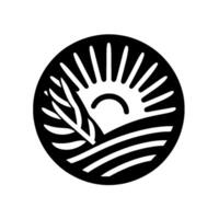 A minimalist black and white depicting a stylized sun rising over fields of wheat and rolling hills, enclosed within a circular frame. vector