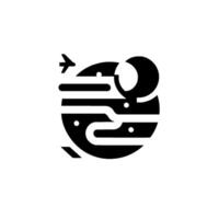 A minimalist black and white depicting a stylized globe with curved lines, a crescent moon, dots, and an airplane, evoking travel and exploration. vector