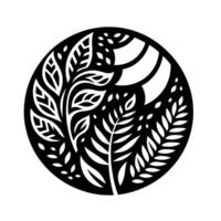 Intricate Black and White Botanical Illustration A Circular Composition of Detailed Leafy Branches and Negative Space, Emphasizing Organic Forms and Artistic . vector