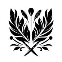 Symmetrical Black White A stylized emblem with symmetrical wings, crossed knitting needles, and delicate feather elements. vector