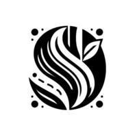 A stylized black and white botanical illustration, featuring flowing lines, a circular frame, and leaf elements evoking nature, balance, and . vector
