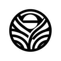 A bold, circular emblem featuring an abstract of radiating black lines and a central circle segment, evoking a sense of balance. vector