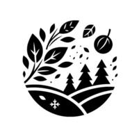 A monochrome, circular illustration depicts a winter landscape with a stylized leafladen branch, conifer trees, a stylized fruit, a snowflake, and falling leaves. vector