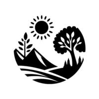 Black and White Nature Silhouette Sun, Mountains, Trees, and Fields in a Circular Frame, Reflecting Serenity. vector