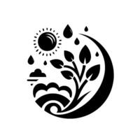 Symbolic illustration of natures cycle, with sun, rain, sea, and plant within a curved border, representing growth and the environment. vector