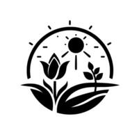 Monochrome floral emblem featuring a stylized tulip, young plant, and sun within a circular frame, representing growth and nature. vector