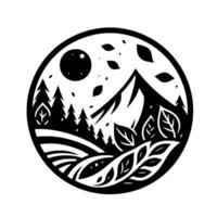 A minimalist black and white circular emblem featuring a mountain landscape with trees, leaves, a full moon, and rolling hills, evoking natures serenity. vector