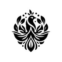 Elegant Black White Crest A stylized bird with floral elements, forming a symmetrical, intricate reminiscent of a or emblem, set against a plain white backdrop. vector