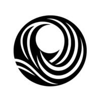 A stylized, black and white, circular emblem with layered, curved stripes creating a vortexlike around a central void, on a minimalist background. vector