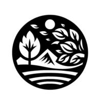 Black and White Circular Nature Scene Depicting Tree, Mountains, Moon, and Foliage, Symbolic of Tranquility. vector