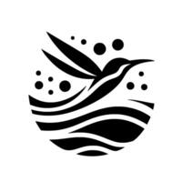 Silhouette of a Hummingbird Soaring Above Water, Integrated Within a Circle, Featuring Dots and Artistic Waves, in a Striking Black and White Composition. vector