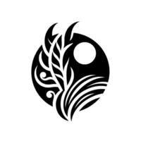 Symbolic Black White An organic, symmetrical composition featuring a circle of solid black holding abstract plant forms and a moon, evoking balance. vector