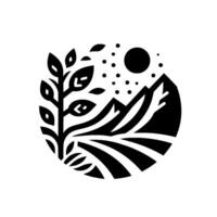 A stylized, minimalist circular emblem featuring a tree with leaves, mountains, fields, a sun, and dots, all in a monochromatic . vector