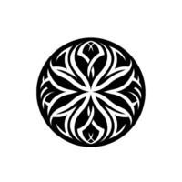 A symmetrical black and white circular featuring intertwined leaflike shapes radiating from a central point, casting a subtle shadow. vector