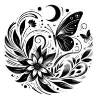 Intricate Black and White Floral and Butterfly Mandala with Crescent Moon and Celestial Elements, Circular Composition. vector